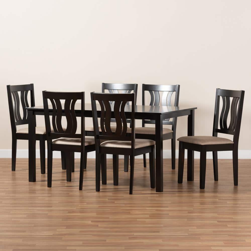 Fenton Sand Fabric & Dark Brown Wood 7-Piece Dining Set