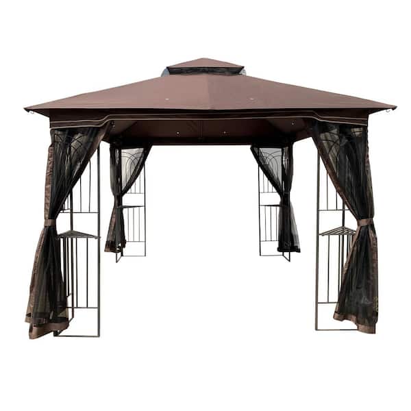 Boosicavelly 10 ft. x 10 ft. Steel Patio Gazebo with Brown Ventilated Double Roof Canopy and Detachable Mosquito net
