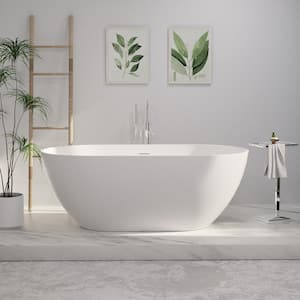 59 in. x 30 in. Solid Surface Soaking Freestanding Bathtub with Center Drain in White