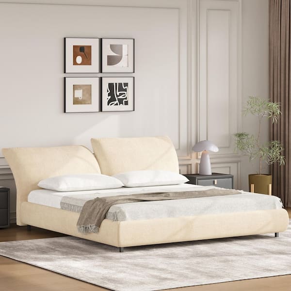 Hargs Contemporary Adjustable Cushions Headboard Beige Fabric Fabric Upholstered Wood Frame King Size Platform Bed