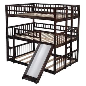Espresso Triple Bunk Beds with Slide, Wooden Bunk beds Frame Full Over Full Over Full Can be Convertible to 3 Beds