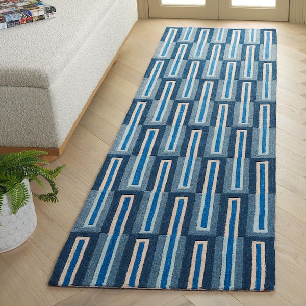 Genre 2 ft. x 8 ft. Blue/Ivory Rectangle Geometric Runner Rug