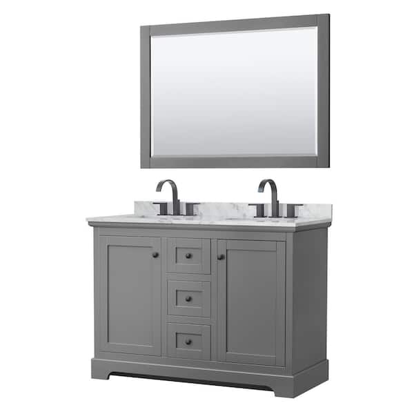 Wyndham Collection Avery 48 in. W x 22 in. D x 35 in. H Double Bath Vanity in Dark Gray with White Carrara Marble Top and 46 in. Mirror