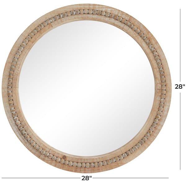28 in. x 28 in. Distressed Round Framed Brown Wall Mirror with Beaded Detailing