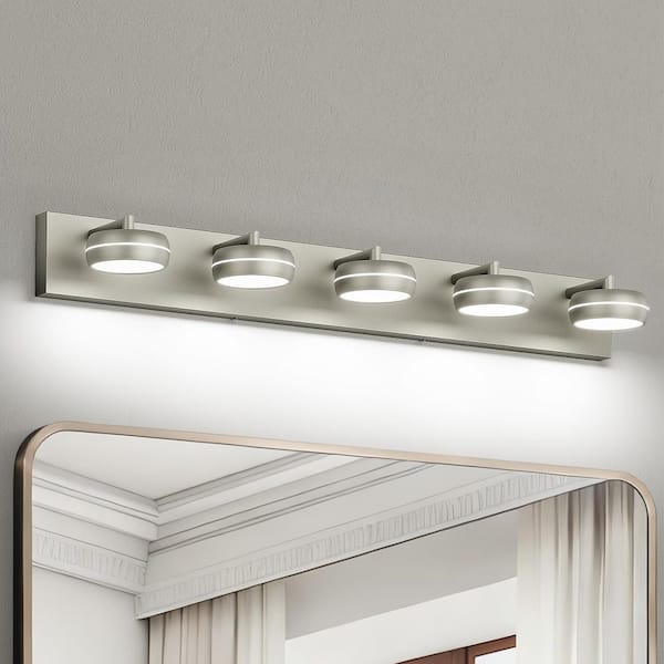 35.43 in. 5-Light Nickel LED Bathroom Vanity Light with Dimmable 5500K Light