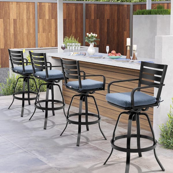 Swivel Cast Aluminum Outdoor Bar Stool with Sunbrella Spectrum Denim Blue Cushion (4-Pack)