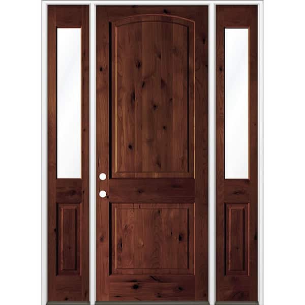 70 in. x 96 in. Knotty Alder 2-Panel Arch Right-Hand/Inswing Clear Glass Red Mahogany Stain Wood Prehung Front Door DHSL