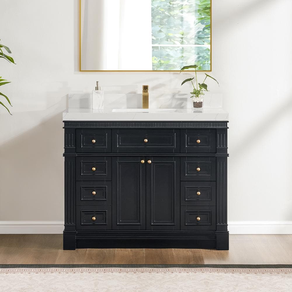 Crownline 42 in. W x 22 in. D x 35 in. H Single Sink Freestanding Bath Vanity in Royal Black with Calacatta Quartz Top price history on PriceWatchPro