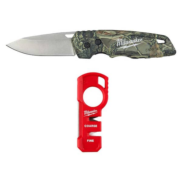 Milwaukee FASTBACK Camo Stainless Steel Folding Knife with 2.95 in. Blade with Compact Jobsite Knife Sharpener (2-Piece)