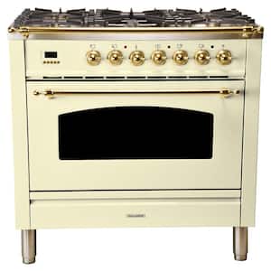 36 in. 3.55 cu. ft. Single Oven Dual Fuel Italian Range True Convection, 5 Burners, Griddle, Brass Trim in Antique White