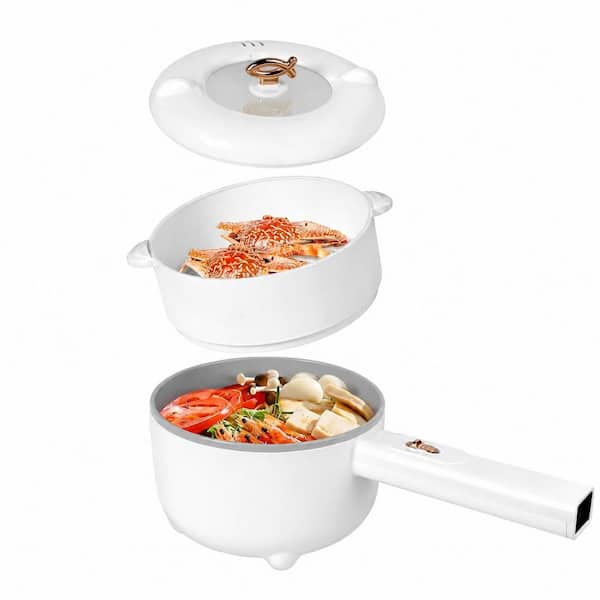 7.6 in. White Ceramic 2L Electric Hot Pot with Dual Power Control for Portable Cooking and Easy Cleanup