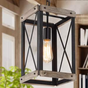 Black Rustic Wood Cage Pendant Light 1-Light Farmhouse Lantern Kitchen Island Pendant Lighting