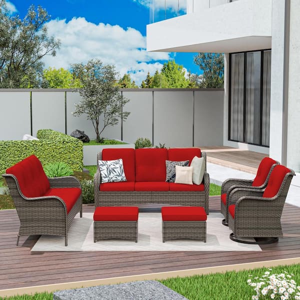 Brown 6-Piece Wicker Patio Conversation Set Rattan Seating Set with Red Cushion