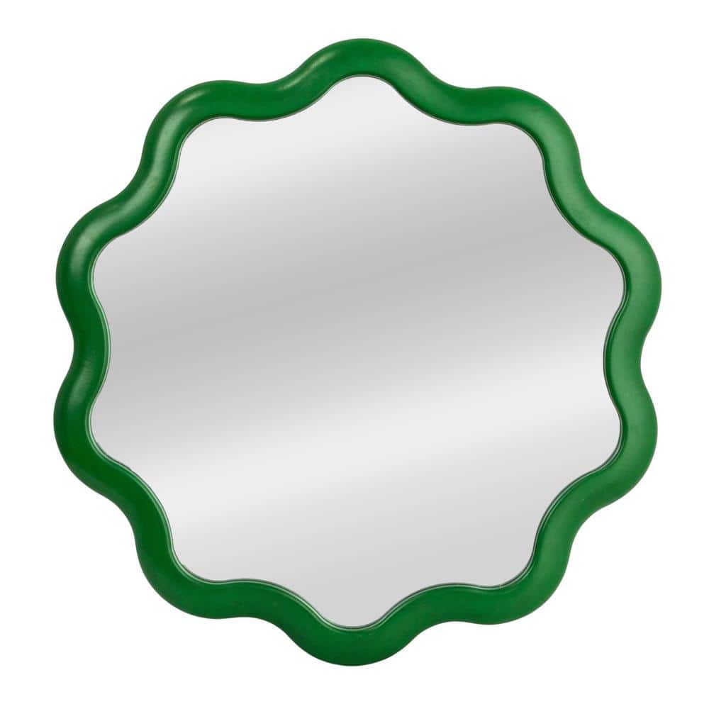 Round Green Scalloped Wood Wall Mirror