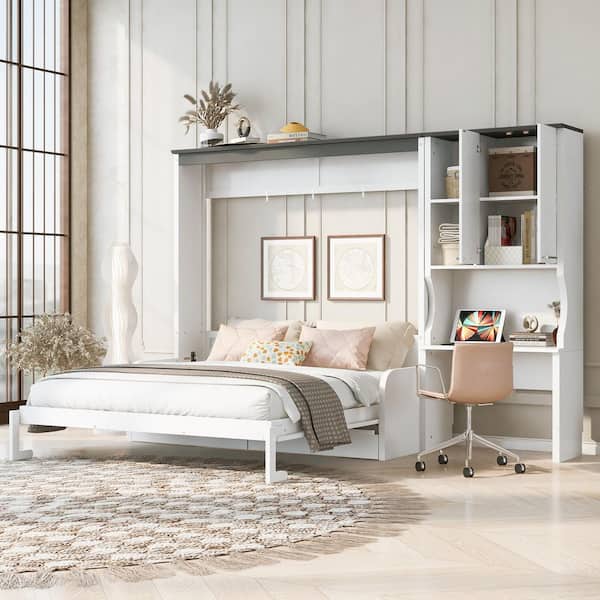 White Wood Frame Queen Size Murphy Bed with Storage Cabinet, Sofa and Desk