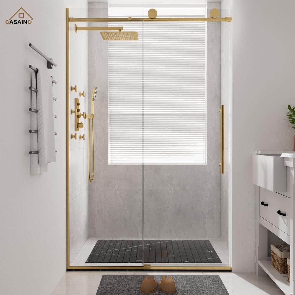 Brushed Gold Frameless Sliding Shower Door with Clear Tempered Glass, 48" x 76"