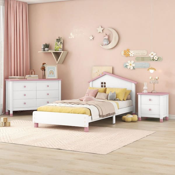CSC DECOR INC 3-Piece Wood Bedroom Set Twin Size Platform Bed with Modern Nightstand and 6 Drawer Storage Dresser (White/Pink)