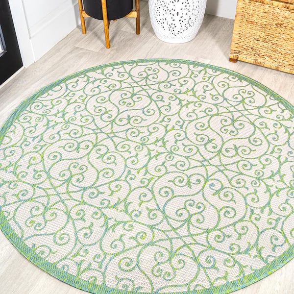 Madrid Vintage Filigree Textured Weave Cream/Green 5 ft. Round Indoor/Outdoor Area Rug