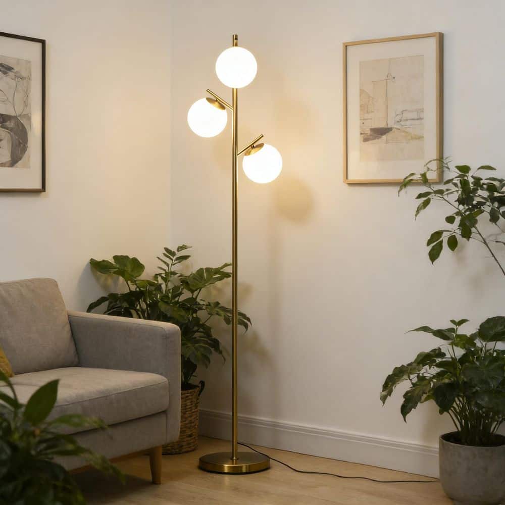 66.5 in. 3-Light Gold Standard Tree Floor Lamp with Spherical Glass Shade price history on PriceWatchPro