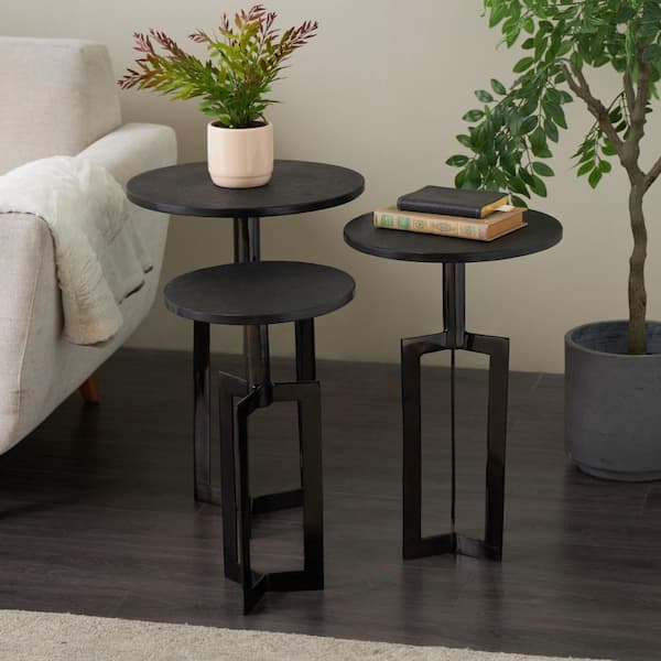Litton Lane 16 in. Black Tripod Shape Round Metal End Table with Black Marble Tabletops (3-Pieces)