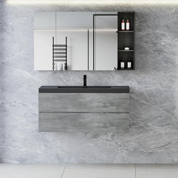 Abruzzo EDI 48 in. W x 18.7 in. D x 19.7 in. H Wall Mount Floating Bathroom Vanity in Gray with Black Quartz Sand Surface Top