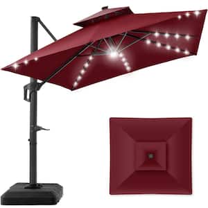 10 ft. Solar LED 2-Tier Square Cantilever Patio Umbrella with Base Included in Burgundy