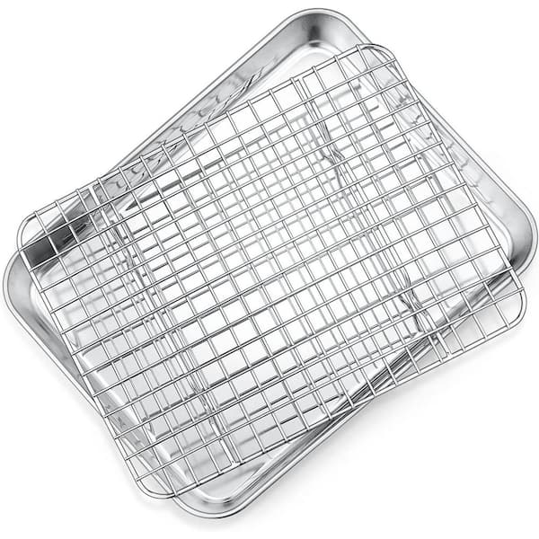2-Piece Stainless Steel Silver Baking Pan and Cooling Rack Set Non-Toxic Durable Dishwasher Safe Oven Compatible