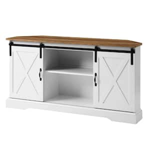 52 in. Reclaimed Barnwood and Solid White Wood Farmhouse Corner TV Stand with 2-Sliding Barn Doors fits TVs up to 58 in.