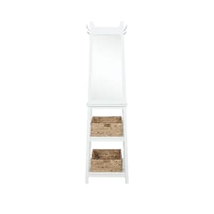 Conyers White Rotating Coat Rack with Mirror, Hooks and Basket Storage