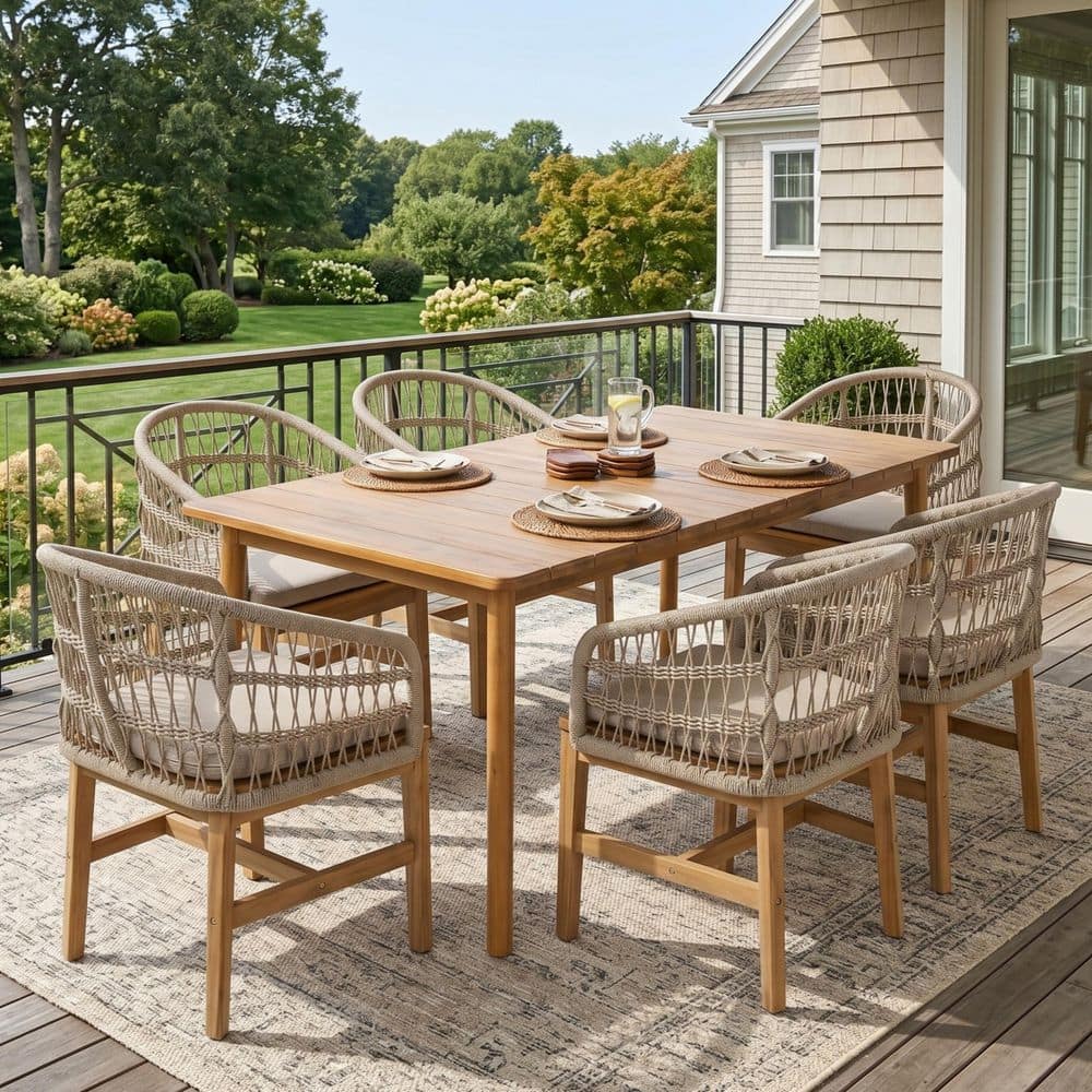 Ashgrove Country Patio 7-Piece Teak Finish Solid Wood and Rope Woven Outdoor Dining Set with Beige Cushions price history on PriceWatchPro