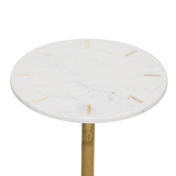 Litton Lane 15 in. Gold Large Round Marble End Accent Table with Marble Top with Gold Inlay