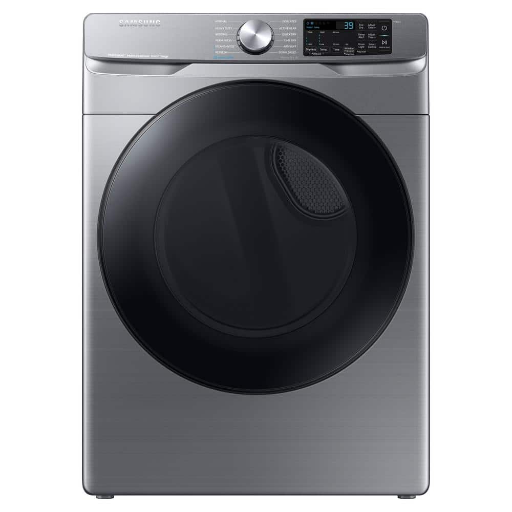 Samsung 7.5 cu. ft. Smart Stackable Vented Electric Dryer with Steam Sanitize+ in Platinum, White