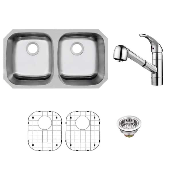 32 in. Undermount 50/50 Double Bowl 16-Gauge Stainless Steel Kitchen Sink with Pull-out Polished Chrome Kitchen Faucet