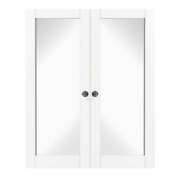 TENONER 64 in. x 80 in. Composite, MDF, Full Lite, Mirrored Glass, Primed, White Interior Door Slab with Black Goal Doorknob