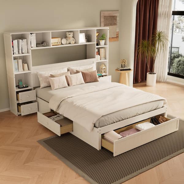 White Pinewood, MDF and Plywood Frame Queen Panel Bed with Drawers, USB Charging Ports and Bookcase Headboard