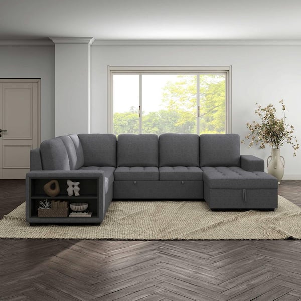 Abbey 128 in. Biscuit Tufted L-Shaped Fabric Sectional Sofa in. Dark Gray with Storage and USB Charger