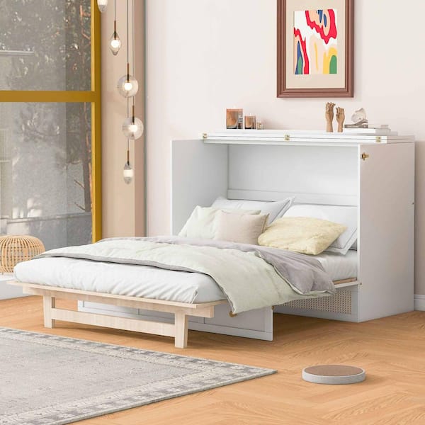 White Wood Frame Full Murphy Bed with Large Drawers
