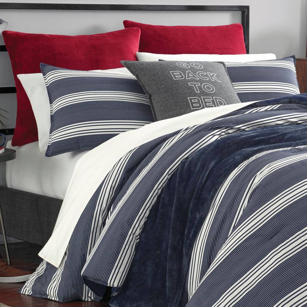 Navy and White Striped Cotton King Duvet Cover Set