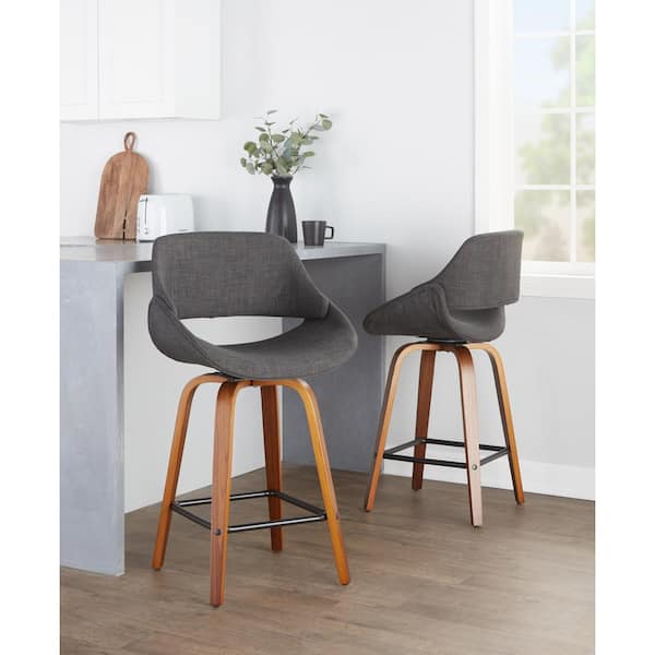 Fabrico 26 in. Charcoal Fabric and Walnut Wood Counter Stool with Square Black Footrest (Set of 2)