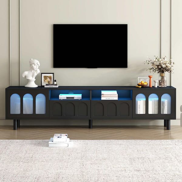 Polibi Black TV Stand Fits TV's Up to 80 in. with LED Light Strip