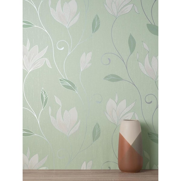 Synergy Light Green Floral Metallic Non-pasted Vinyl Wallpaper