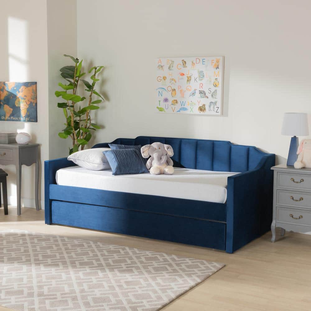 Navy Blue Velvet Upholstered Twin Daybed with Trundle