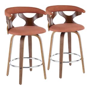 Gardenia 35 in. Orange Fabric and Walnut Wood High Back Counter Height Bar Stool with Round Chrome Footrest (Set of 2)
