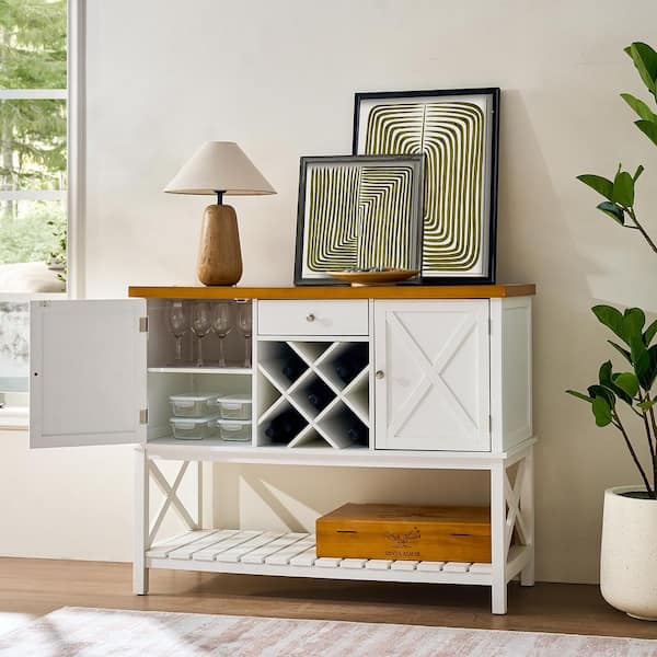 Audelia White + Light Oak 47.3 in. W Bar Cabinet with 2-Door Cabinet, 1 Drawer, Wine Rack and Open Storage Shelf