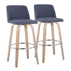 Toriano 29.5 in. Blue Fabric, White Washed Wood and Chrome Metal Fixed-Height Bar Stool (Set of 2)