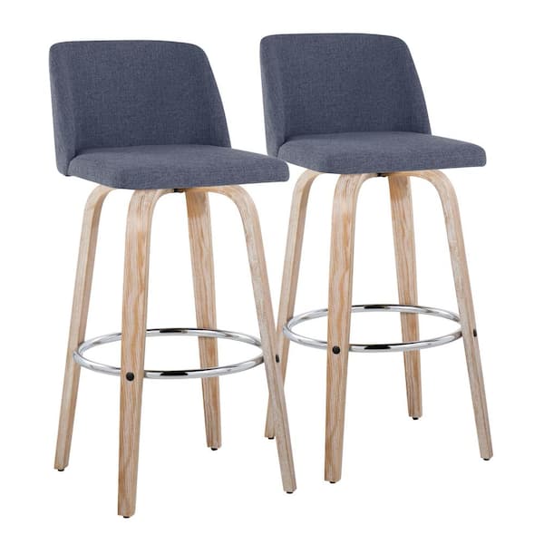 Lumisource Toriano 29.5 in. Blue Fabric, White Washed Wood and Chrome Metal Fixed-Height Bar Stool (Set of 2)