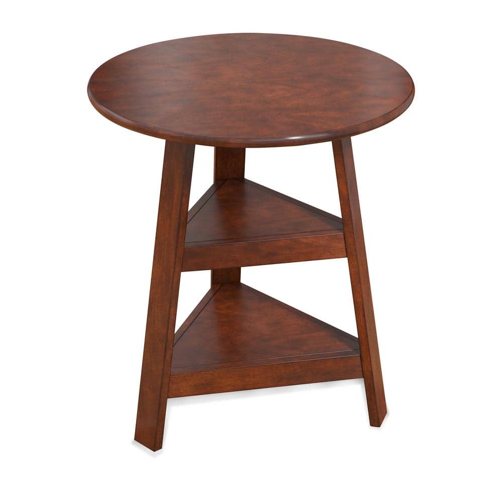 Walnut Wood Round Outdoor Side Table with Two-Tier Shelf
