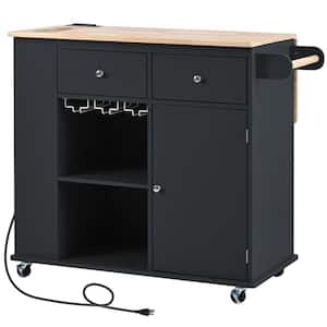 Black Wood 36 in. Drop Leaf Top Kitchen Island with Power Outlet, 2 Drawers and Wine Cup Holder