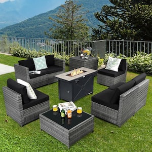 9-Pieces Patio Rattan Furniture Set Fire Pit Table Storage Grey with Cover Black