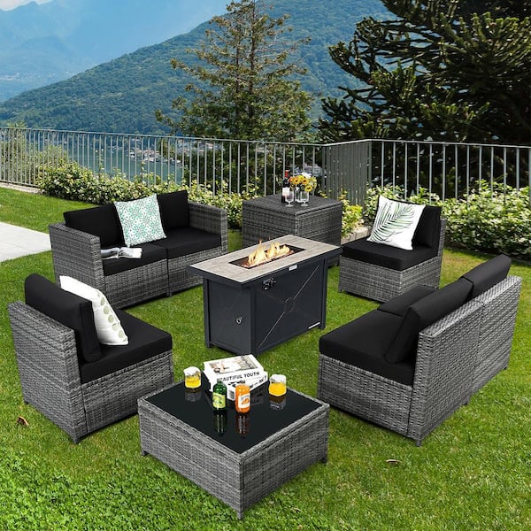 9-Pieces Patio Rattan Furniture Set Fire Pit Table Storage Grey with Cover Black